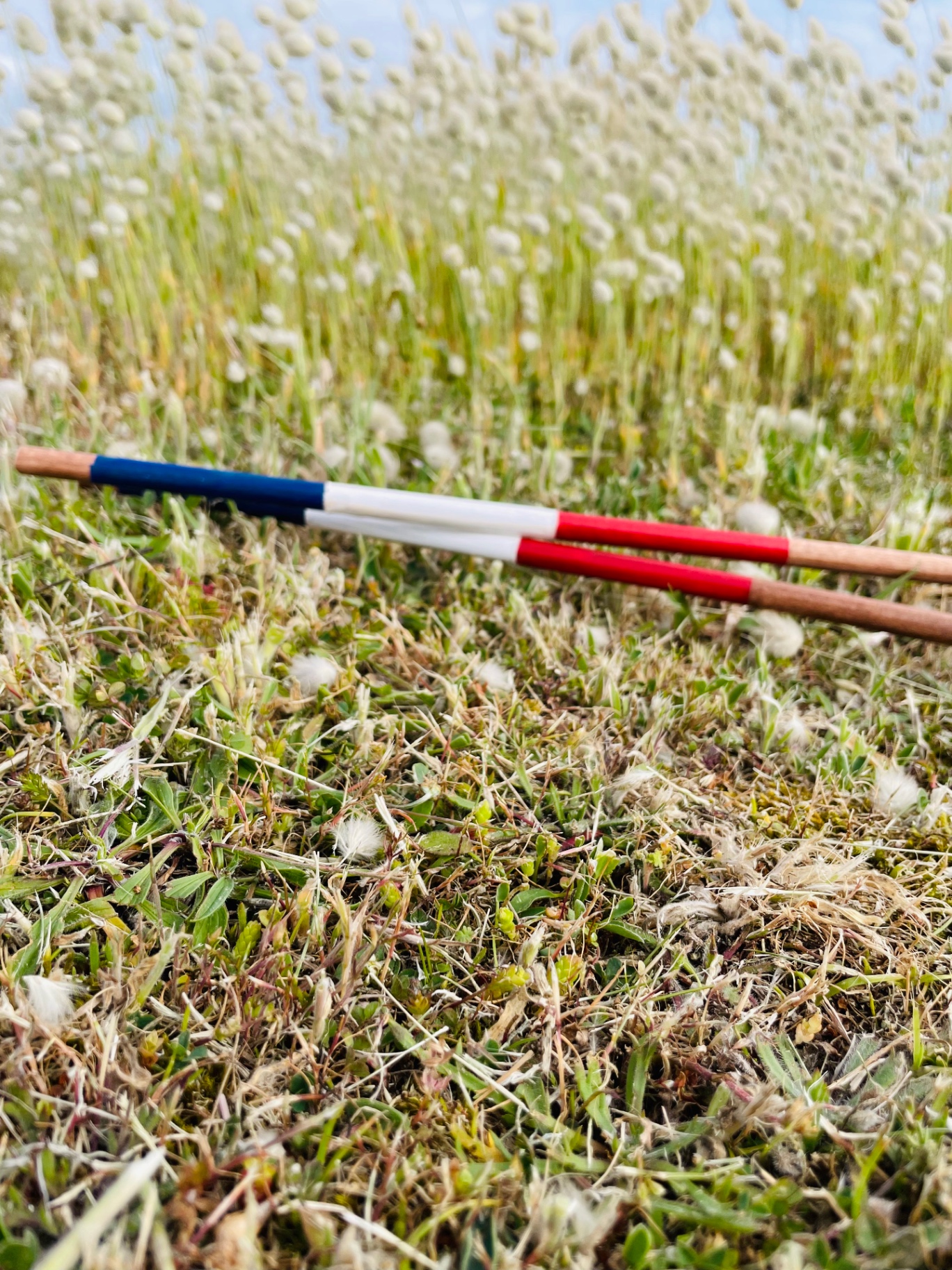 Two handcrafted wooden golf alignment sticks on the fairway